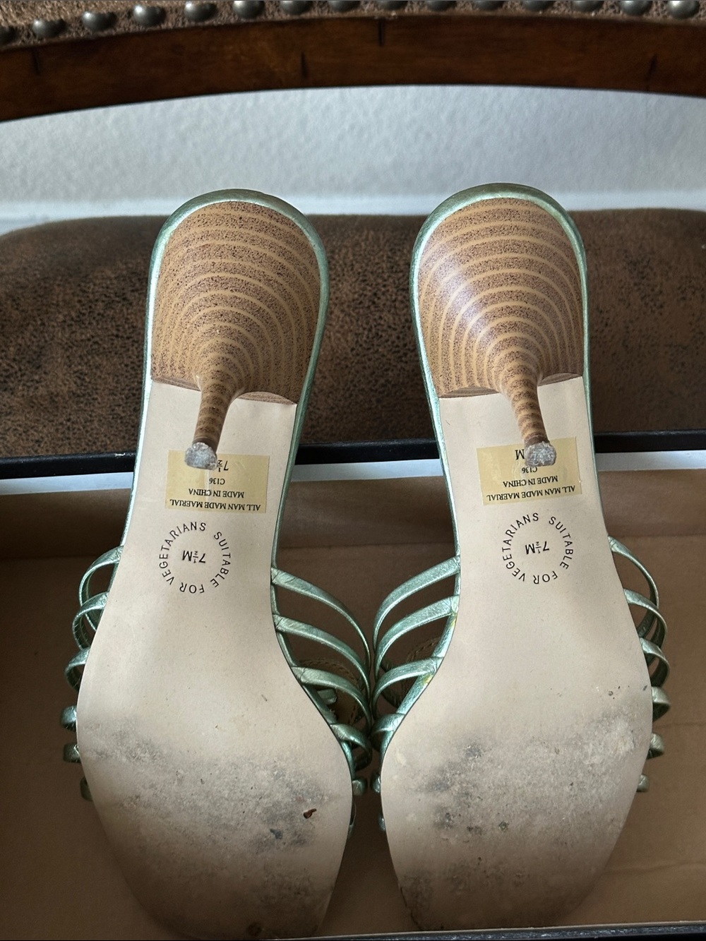 New York Transit Metallic Mint and Tan Slide Mules - Picture 8 of 12